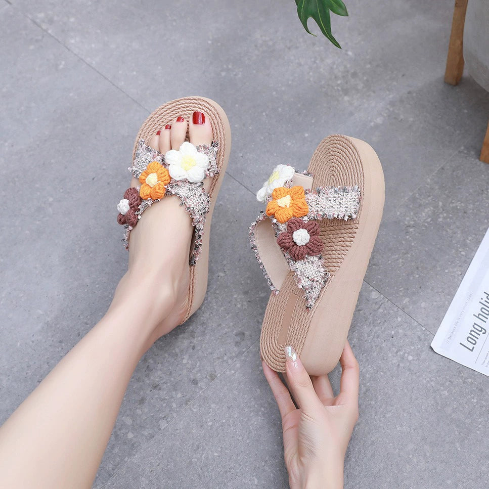 Beach Sensation | Women's Wedge Sandals with Crochet Flower Embellishments | Summer Platform Slides