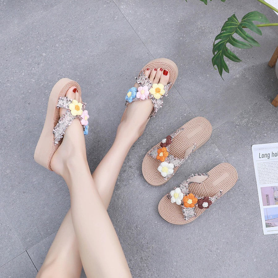 Beach Sensation | Women's Wedge Sandals with Crochet Flower Embellishments | Summer Platform Slides