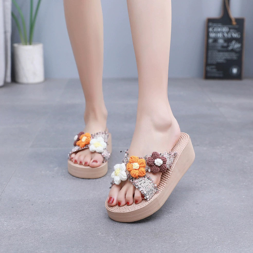Beach Sensation | Women's Wedge Sandals with Crochet Flower Embellishments | Summer Platform Slides