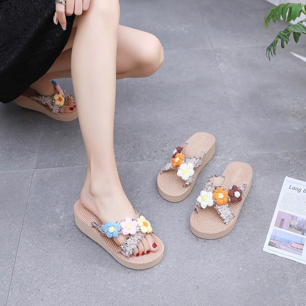 Beach Sensation | Women's Wedge Sandals with Crochet Flower Embellishments | Summer Platform Slides