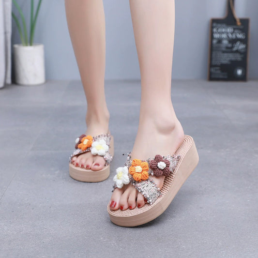 Beach Sensation | Women's Wedge Sandals with Crochet Flower Embellishments | Summer Platform Slides