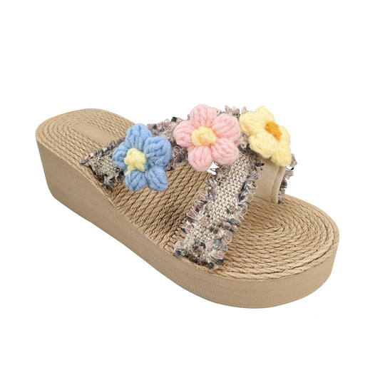 Beach Sensation | Women's Wedge Sandals with Crochet Flower Embellishments | Summer Platform Slides